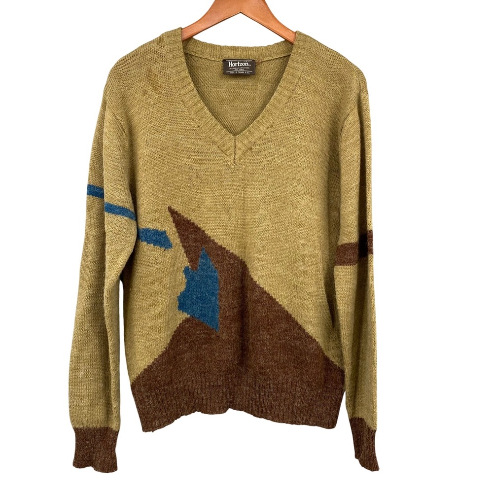 Horizon vintage 70s‎ V Neck Abstract Geometric Knit Sweater Mens Large Tan Brown